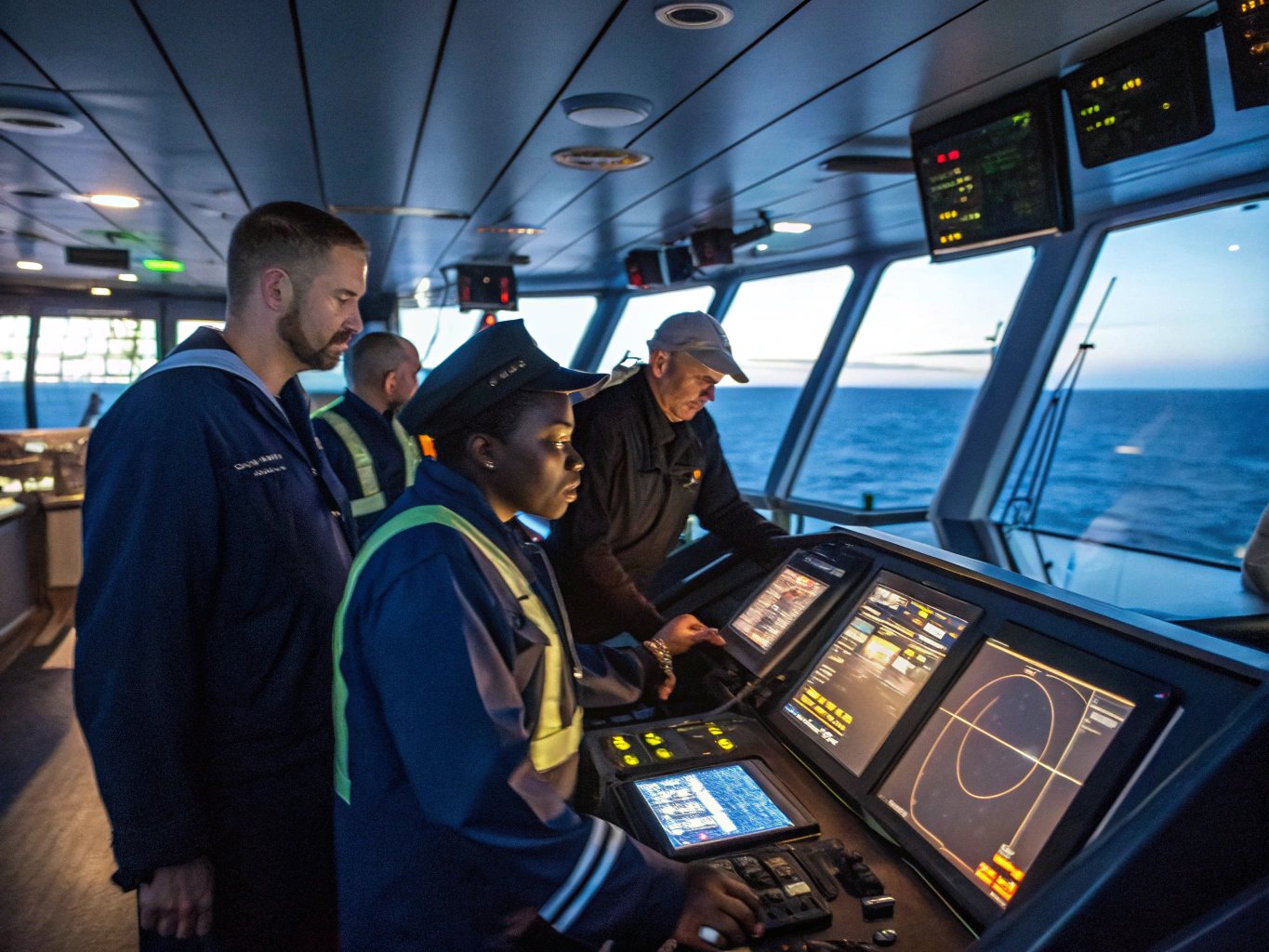 Maritime crew members on the bridge of a container ship
